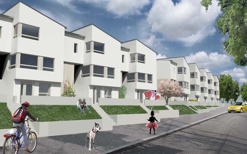 Bostadshus invid gata med gröna sluttande ytor mot gatan.  Människor i rörelse, illustration.